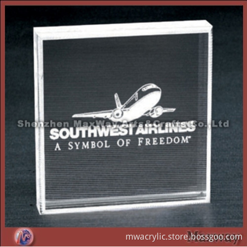Clear square polished acrylic paperweight/gift/reward with logo and artwork